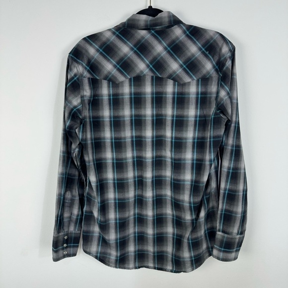 Wrangler Pearl Snap Blue Black Plaid Long Sleeve Button Down Western Rodeo Top - Picture 2 of 4